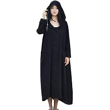Women's Long Trench Coat Cotton Linen Hoodie Jacket Chinese Style Outwear with Pockets
