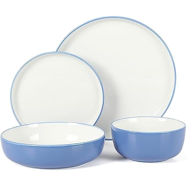 Sur La Table Kitchen Essentials Two-Tone Porcelain Dinnerware Plates and Bowls Set - BlueWhite, Service for 4 16pcs