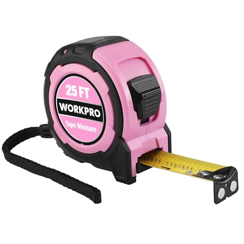 WORKPRO 25FT Pink Tape Measure, 18 Fractions Easy Read Measuring Tape, Retractable Nylon Coating Measurement Tape Accuracy 132, Magnetic Hook, Belt Clip, Rubber Protective Casing - Pink Ribbon