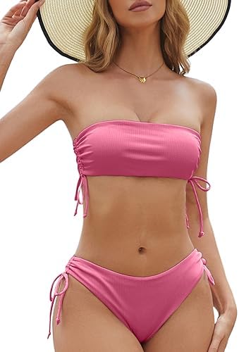 Tripsky Women's Bandeau Bikini Sets Two Piece Swimsuit High Cut Bathing Suit Ribbed Bikini Set