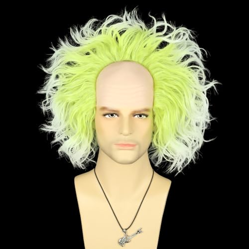 VGbeaty Men Yellow Green Short Wavy Cosplay High Temperature Resistant Synthetic Fibers Adjustable Size Breathable Wig Cap Halloween Party Costume Anime Wig
