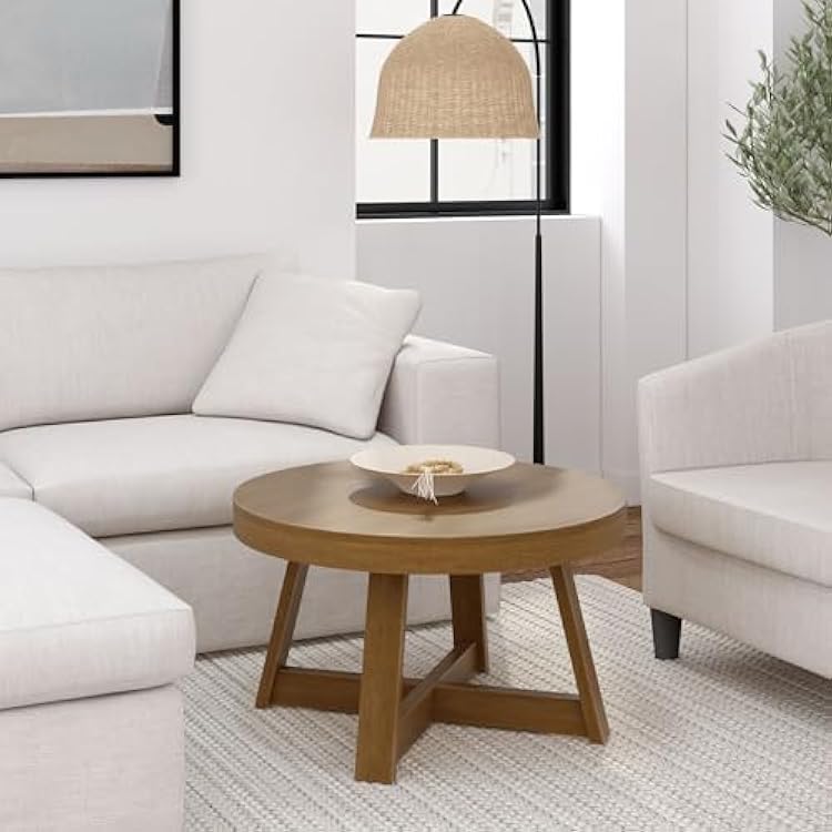 PlankBeam Classic Round Coffee Table, 30 Inch Farmhouse Coffee Table, Rustic Mini Center Tables for Small Spaces, Small Living Space Tea Table, Pecan Wirebrush