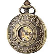 SEWOR Mens Luminous Dial Hand Wind Mechanical Pocket Watch with Brand Leather Gift Box (Stand Up Black) (Brown)
