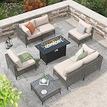 Patiorama 8 Piece Wicker Patio Furniture Set with 45 Fire Pit Table, Metal-Colored PE Rattan Outdoor Sectional Sofa, 50000 BTU Propane Fire Pit w/Wind Guard,Cover,Water Resistant Cushion-Sand Beige