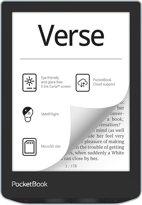 PocketBook Verse E-Reader | Eye-Friendly 6'' E-Ink CartaTM HD Touchscreen | Adjustable SMARTlight | Up to 1 Month of Battery Life | WiFi & Memory Card Slot | E-Book Reader in Bright Blue