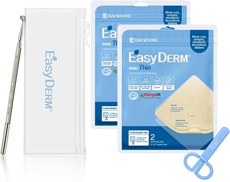 Easyderm 2-in-1 Pimple Popper Tool and Thin Hydrocolloid Large Wound Dressing 4x4 2 Pack 4 Dressings