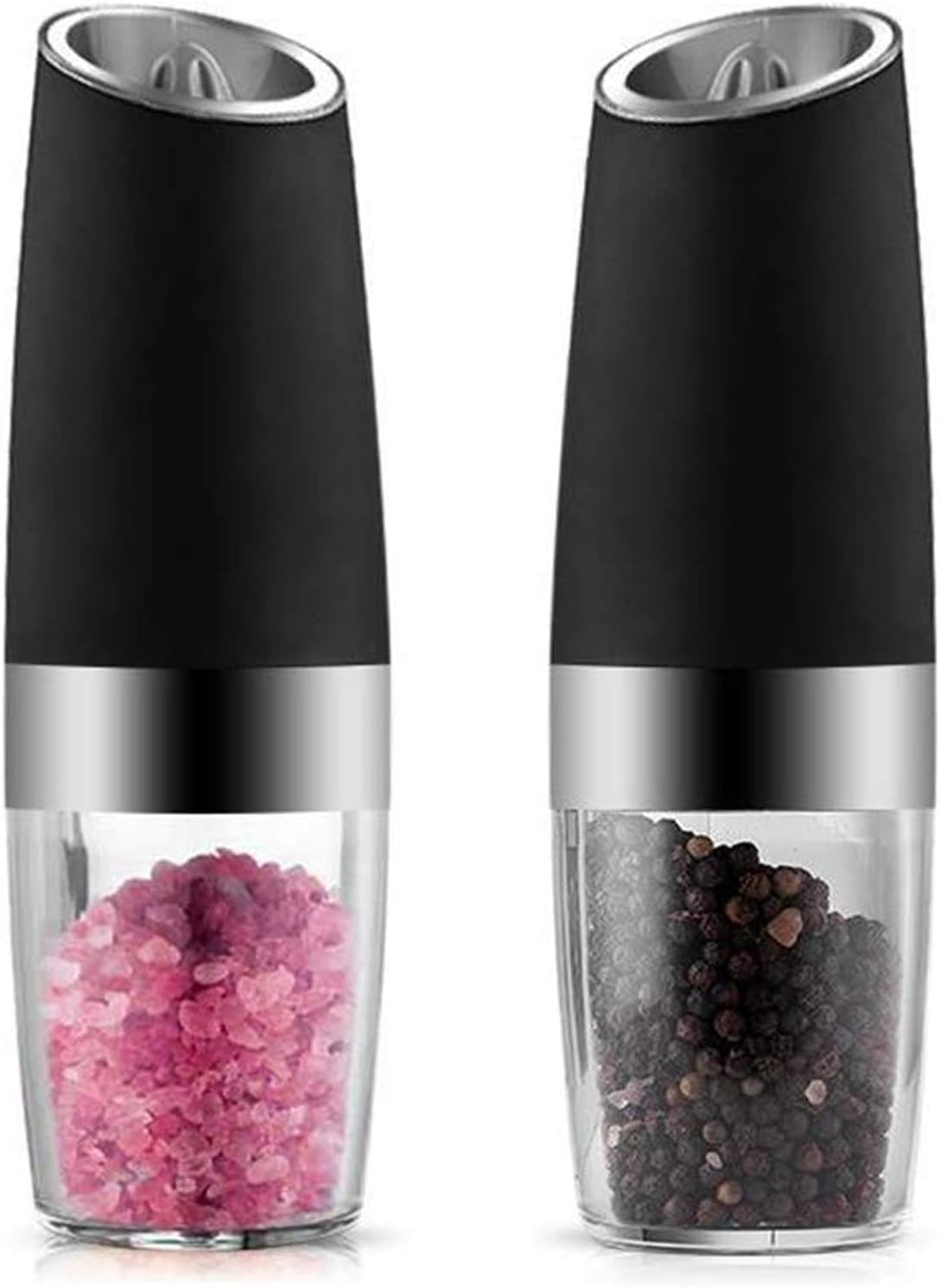 Electric Pepper Grinder Salt Mill Gravity Control Shaker Automatic Operated Battery Powered Large Capacity Transparent Lid Adjustable Coarseness with Led Light 2, Black