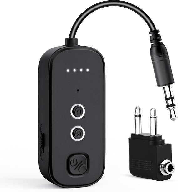 Bluetooth Transmitter Receiver with Airplane Adapter: Wireless Audio Transmitter for 2 AirPods/Headphones - 20+ Hr Battery Works USB Charging with 3.5mm Jack AUX for Flight,Gym,Car,TV,Tablet,Travel