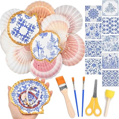 The Left Bridge Decoupage Kit, Shells Decoupage Kits for Beginners, Includes 10 Pcs Scallop Shells, 36 Pcs Decoupage Paper Napkin and Decoupage Tool Set No Glue and Pigment