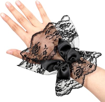 Women Floral Lace Wrist Cuff Gloves, Black Bow Front Short Wrist Cuff Womens Wedding Ruffled Lace Fingerless Gloves Short Cuffs Costume Accessory for Prom, Bridal, Women Tea Party, 80s Prom Dress