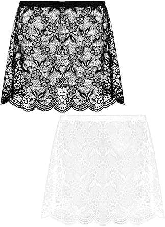 Fourluoo 2 Pcs Lace Shirt Extender for Women Underskirt Black and White Ruffle Mini Skirt Adjustable Layering Half Slip