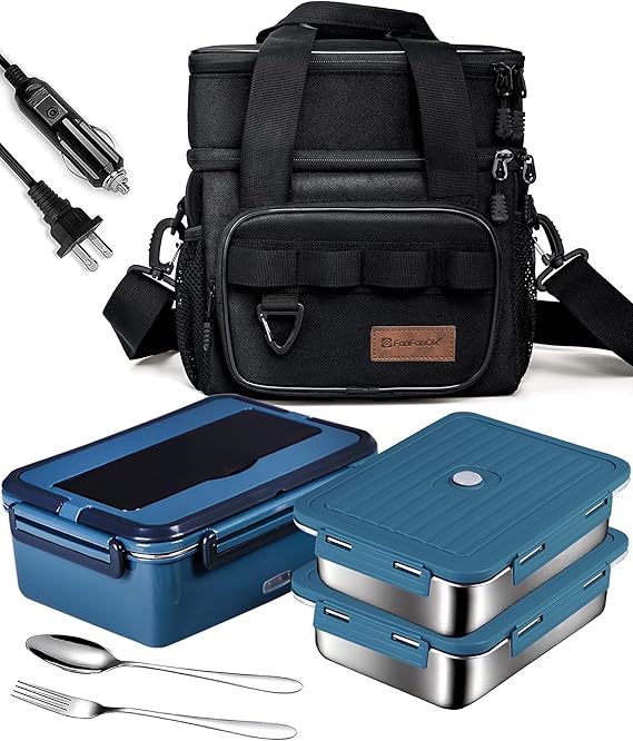 Electric Lunch Box Food Heater 80W Heated LunchBoxes for Adults WorkCarTruckHome, 1.8L Portable Food Warmer Heating Lunchbox with Insulated Lunch Bag 12V 24V 110V